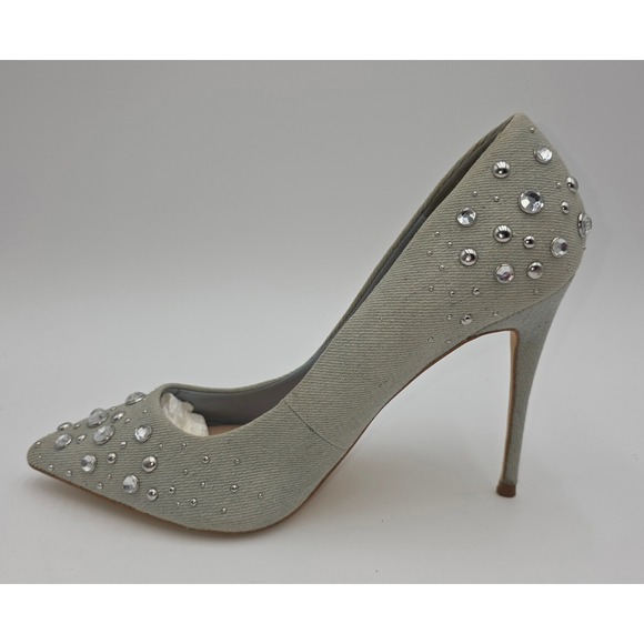 Aldo Light Wash Denim Rhinestone Studded Pointed Toe Stiletto Pumps Size 8.5 - Picture 5 of 9